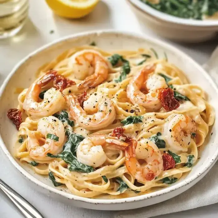 A bowl of creamy pasta with shrimp, spinach, and sun-dried tomatoes, garnished with black pepper.