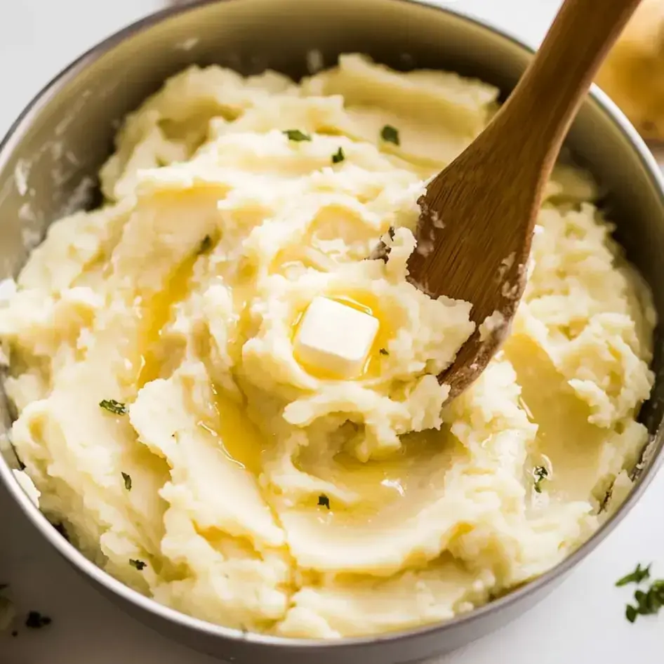 A bowl of creamy mashed potatoes is being mixed with butter on the top, garnished with herbs.