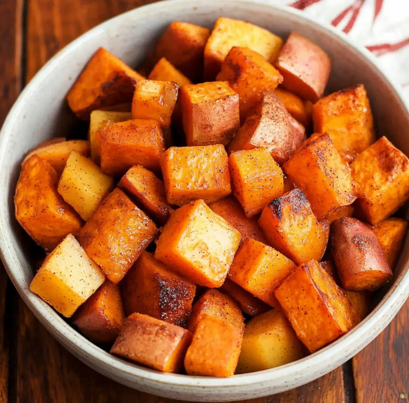 A bowl filled with golden-brown, cubed roasted sweet potatoes.