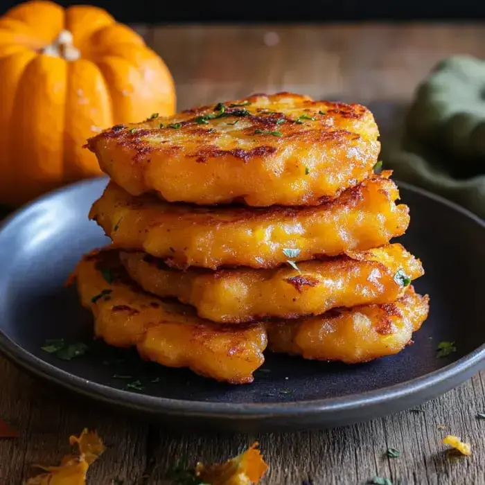 A stack of golden-brown pumpkin fritters garnished with herbs, placed on a dark plate next to a small pumpkin.