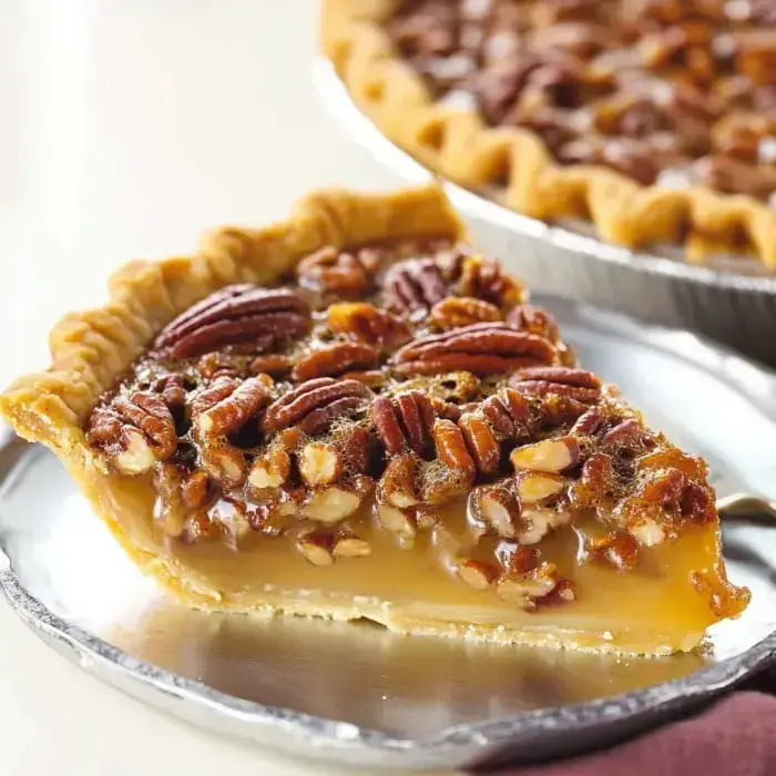 A slice of pecan pie with a golden filling and topped with whole pecans sits on a silver plate, with a whole pie in the background.