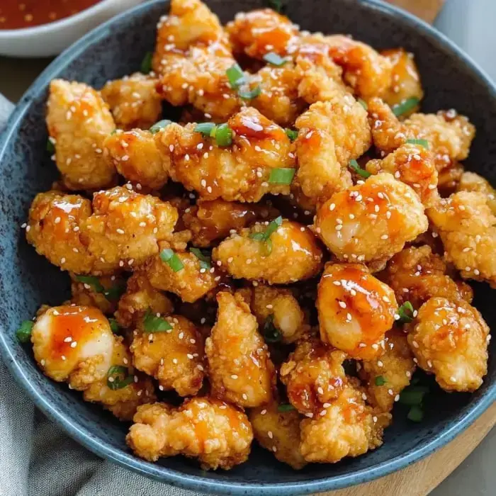 A bowl of crispy, orange-glazed chicken pieces is garnished with sesame seeds and chopped green onions.