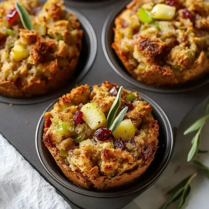 A close-up of baked stuffing muffins in a gray muffin tin, topped with herbs and colorful ingredients like apples, cranberries, and green vegetables.