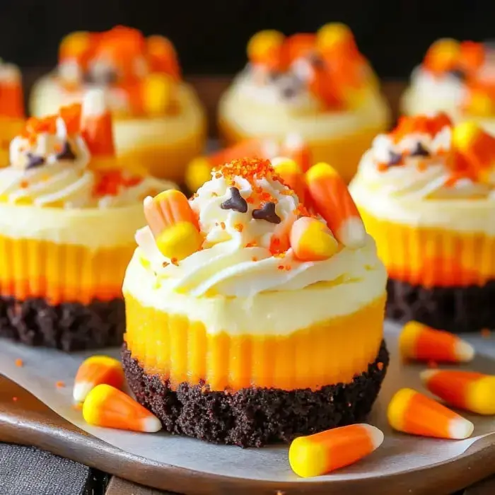 A close-up of festive cupcakes featuring layers of orange and yellow frosting, topped with candy corn, chocolate sprinkles, and orange sugar.