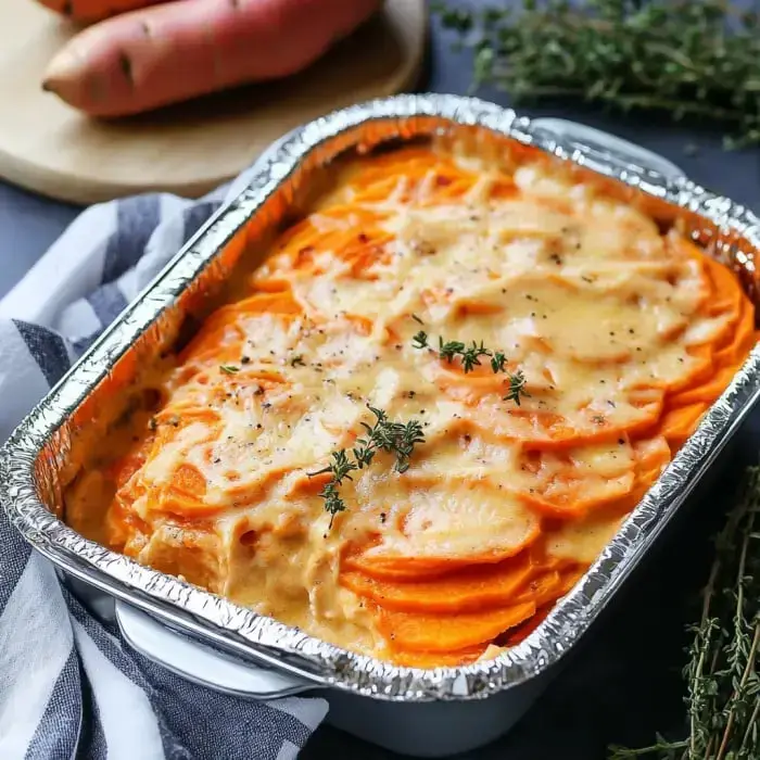 A baked dish of sliced sweet potatoes covered in creamy sauce and garnished with thyme.