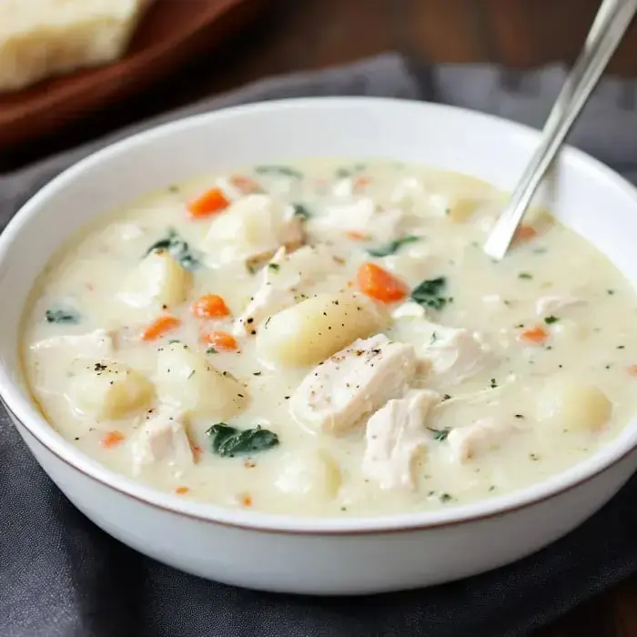 A bowl of creamy chicken soup with vegetables and dumplings, garnished with black pepper.