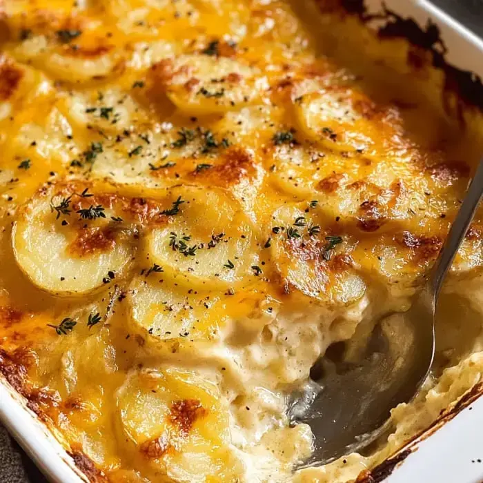 A creamy potato dish is baked to golden perfection, topped with melted cheese and sprinkled with herbs.