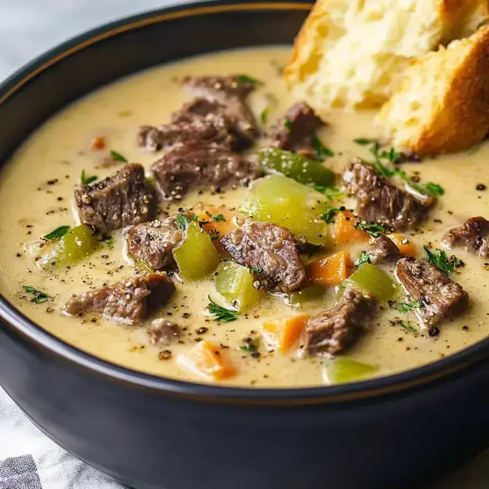 A bowl of creamy soup filled with tender beef chunks, diced vegetables, and a slice of bread on the side.