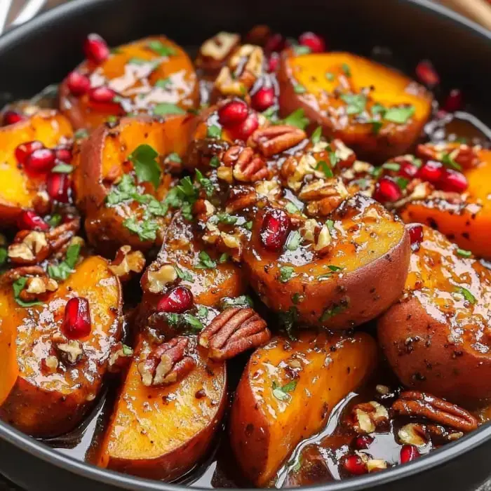 A close-up of roasted sweet potatoes drizzled with a glossy glaze, topped with chopped pecans, pomegranate seeds, and fresh herbs.