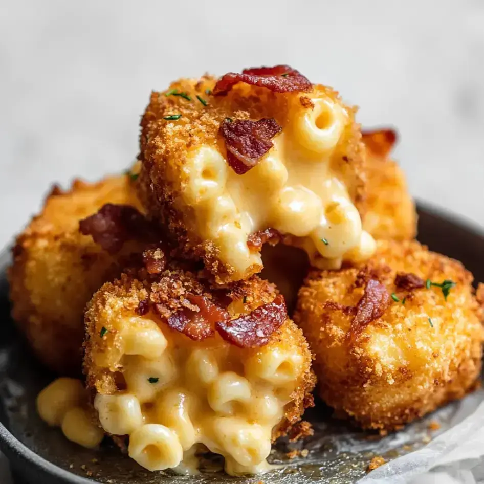 Crispy, golden-brown mac and cheese bites with bits of bacon are stacked on a plate, revealing melted cheese and macaroni inside.