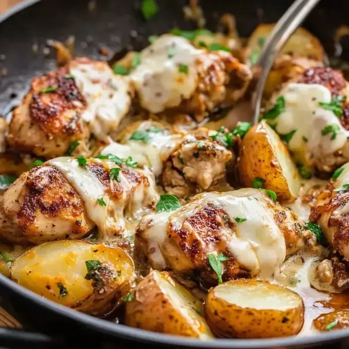 A skillet filled with browned chicken thighs topped with melted cheese, surrounded by roasted potatoes and garnished with fresh herbs.