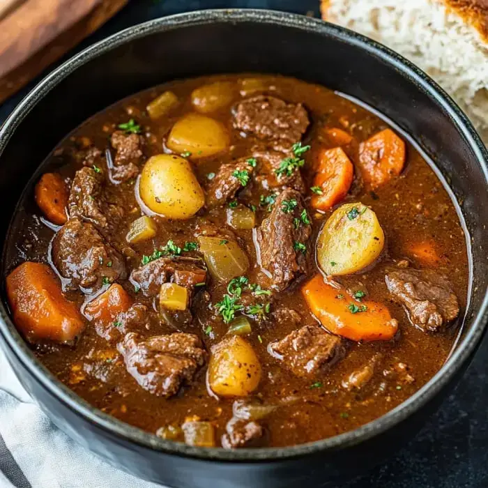 A hearty beef stew with potatoes, carrots, and herbs is served in a dark bowl, accompanied by a slice of bread.