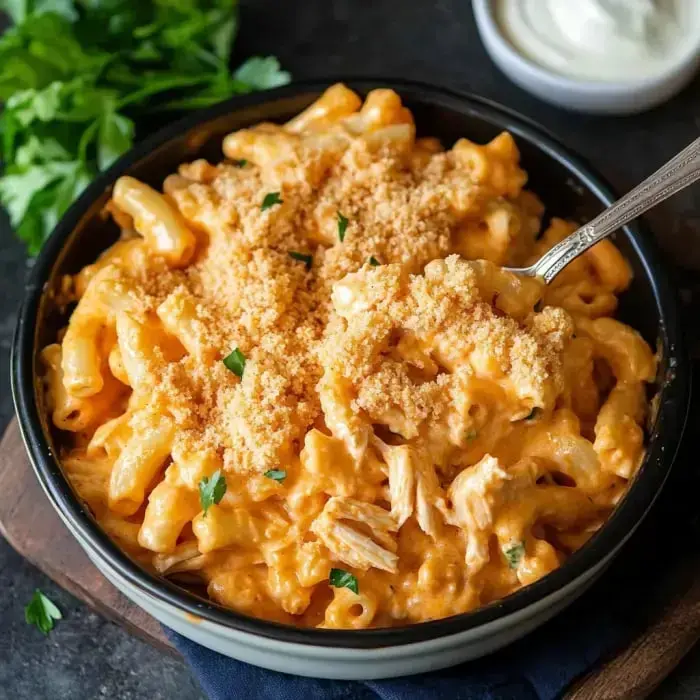 A bowl of creamy macaroni and cheese topped with breadcrumbs and garnished with parsley, accompanied by a small dish of sour cream.