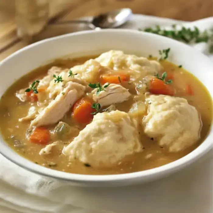 A hearty bowl of chicken and dumplings with carrots, herbs, and a rich broth.