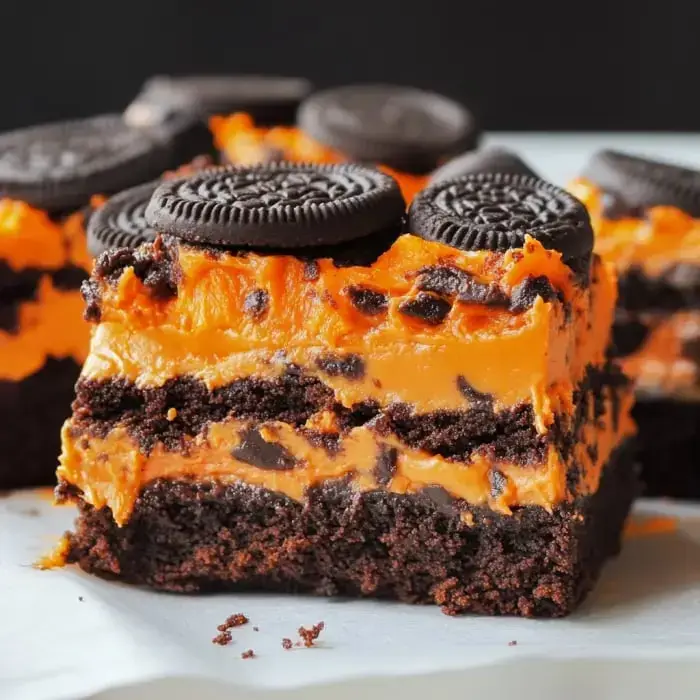 A close-up of a layered dessert featuring chocolate brownie, orange frosting, and Oreo cookies on top.