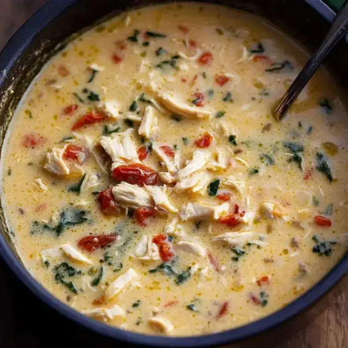 A close-up of a creamy soup with shredded chicken, spinach, and sun-dried tomatoes in a dark bowl.