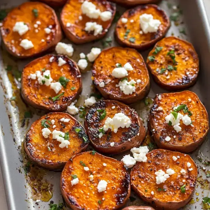 Roasted sweet potato slices topped with crumbled feta and fresh herbs on a baking tray.