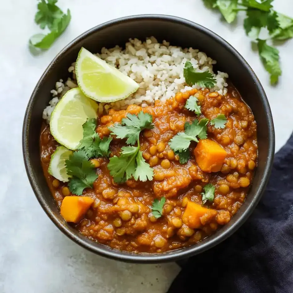 A bowl of lentil stew with chunks of squash, topped with fresh cilantro and lime wedges, served alongside a portion of brown rice.