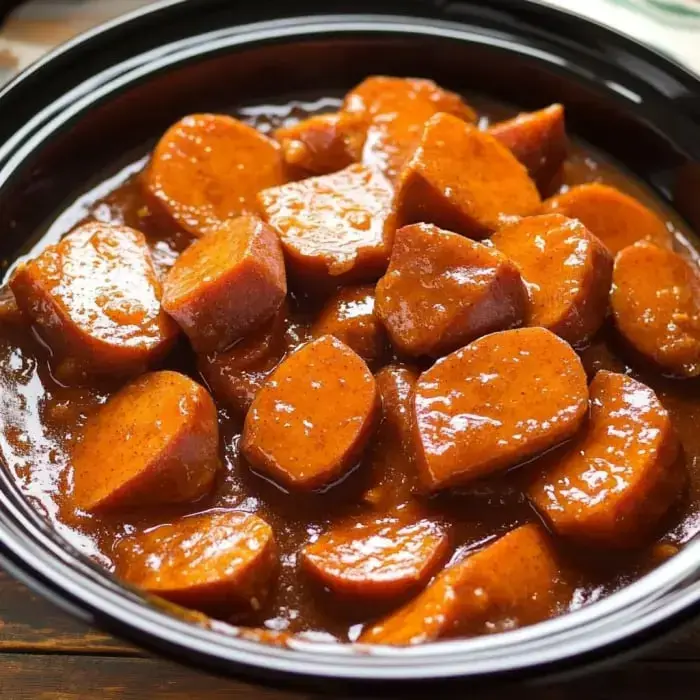 A close-up of sliced sausage pieces coated in a thick, reddish-brown sauce served in a black bowl.