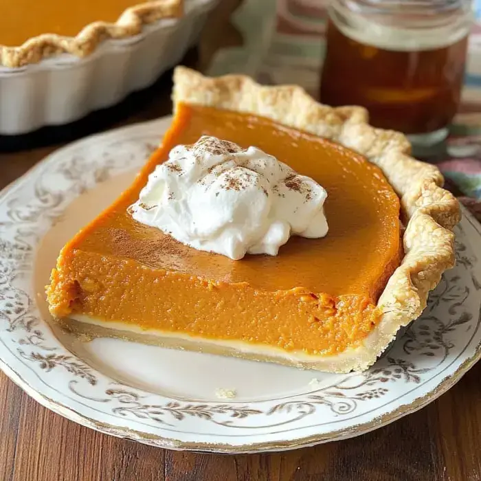 A slice of pumpkin pie topped with whipped cream, served on a decorative plate, with a whole pie and a jar in the background.