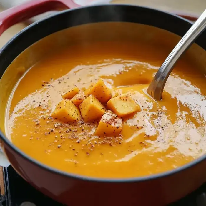 A pot of steaming orange soup is garnished with diced pieces and a sprinkle of black pepper.