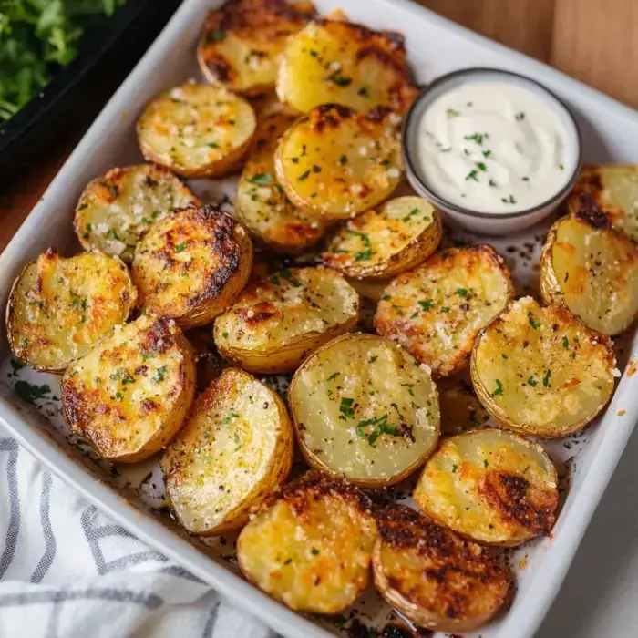 A platter of golden, roasted potato slices garnished with herbs, accompanied by a small bowl of dipping sauce.