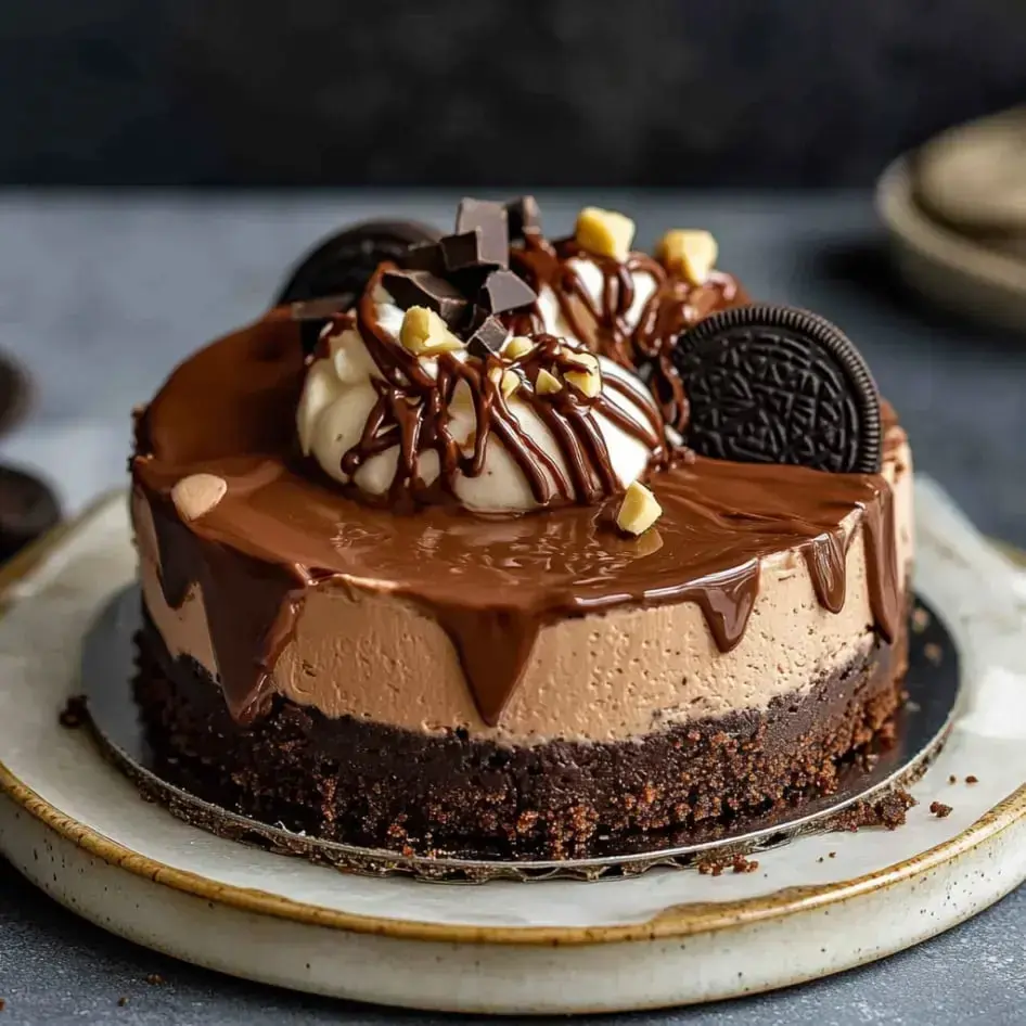 A decadent chocolate cheesecake topped with whipped cream, chocolate drizzle, Oreos, and chopped nuts on a graham cracker crust.