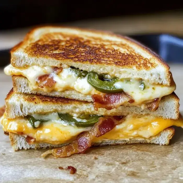 A close-up of a stacked grilled cheese sandwich with crispy bacon and jalapeños, showcasing melted cheese between toasted bread slices.