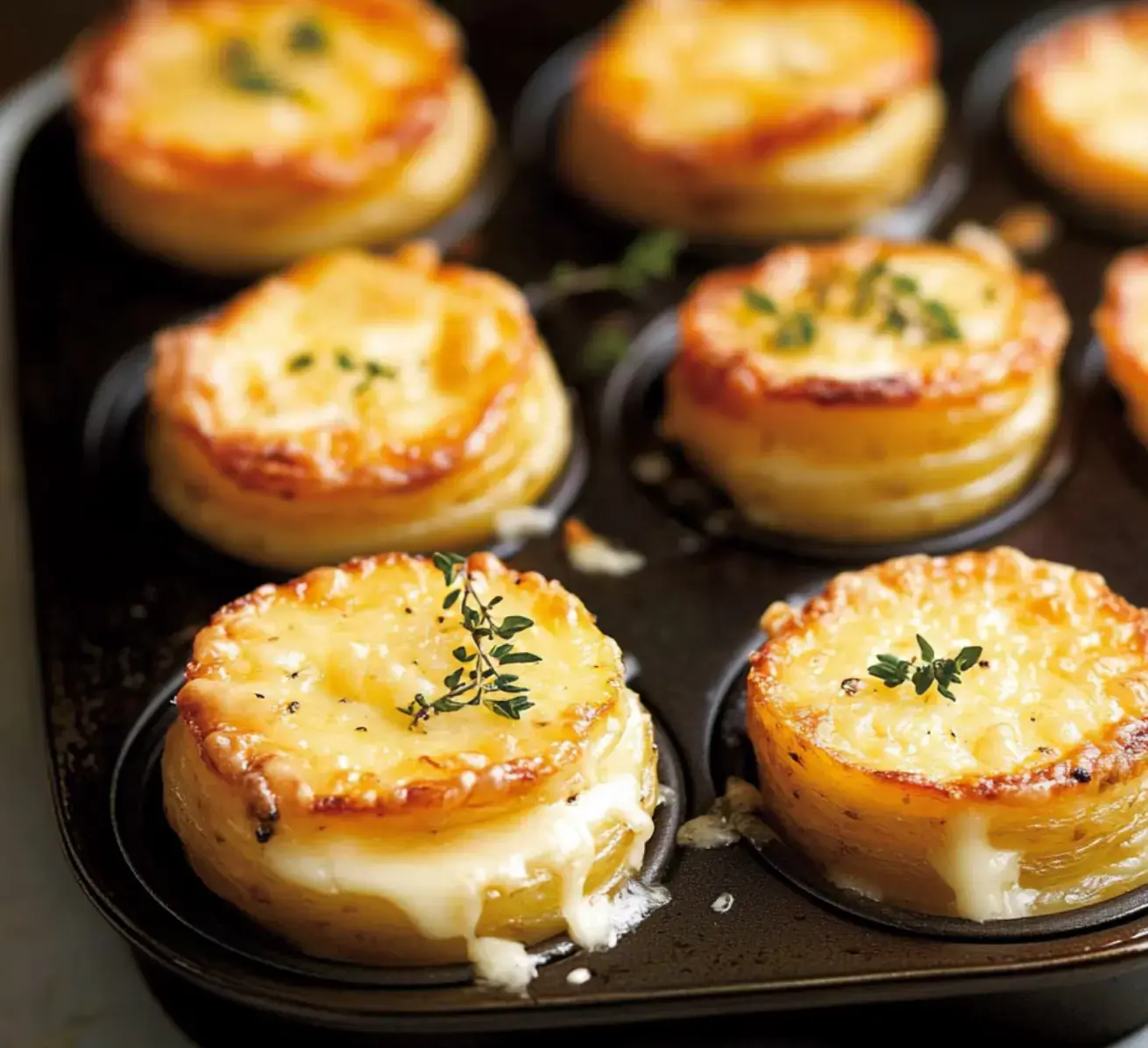 A close-up of golden, cheesy potato stacks topped with fresh thyme, baked in a muffin tin.