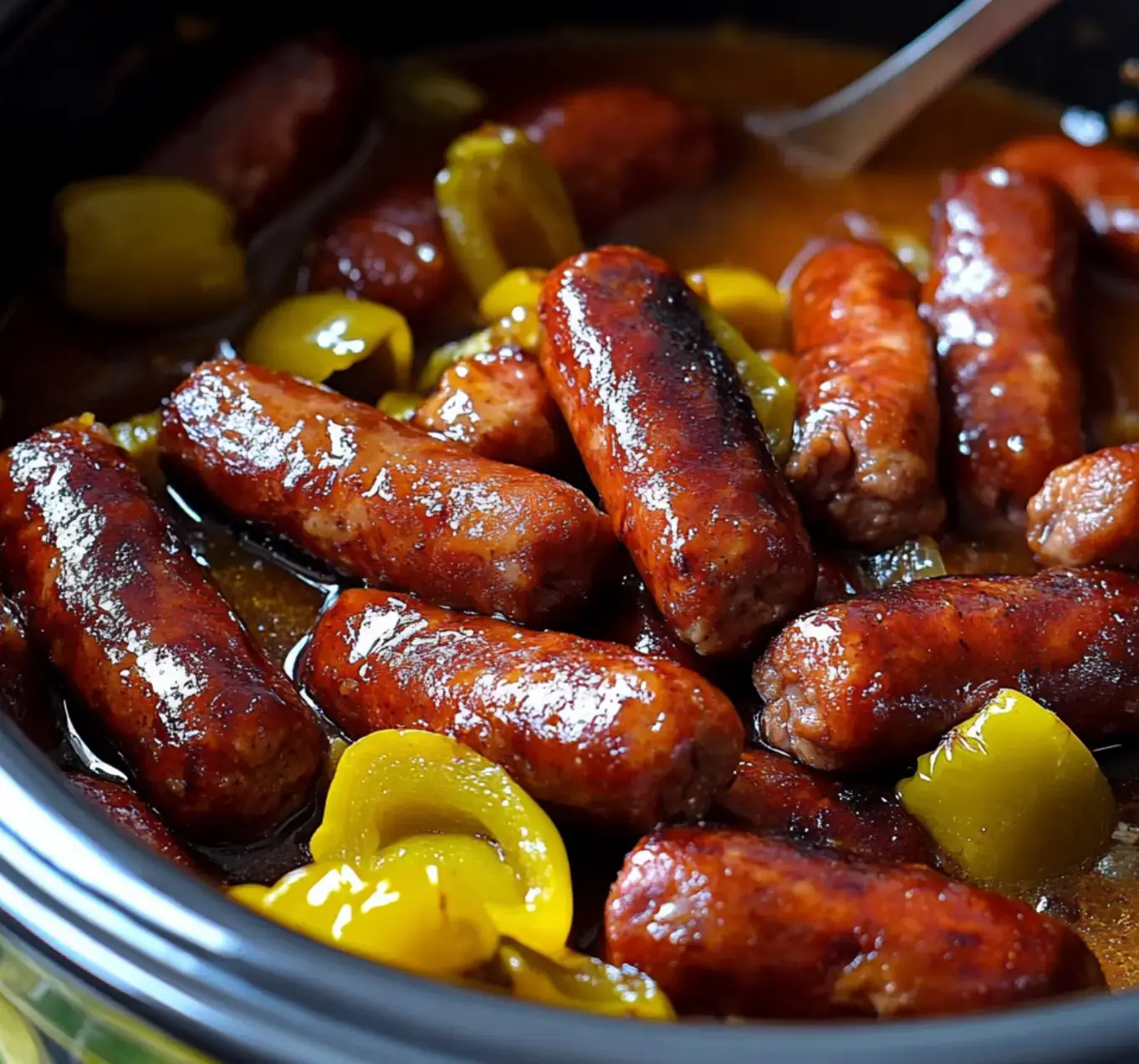 A close-up of cooked sausages with yellow peppers in a rich sauce, sitting in a slow cooker.