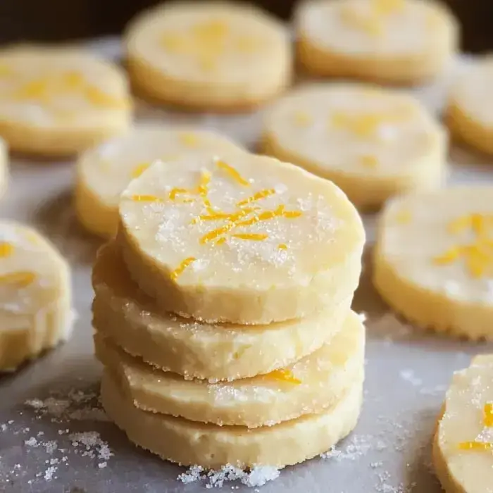 A stack of round, buttery cookies topped with yellow decoration and sugar, surrounded by more cookies on a baking sheet.