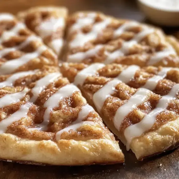 A close-up of cinnamon rolls cut into triangular slices, drizzled with icing on a wooden surface.