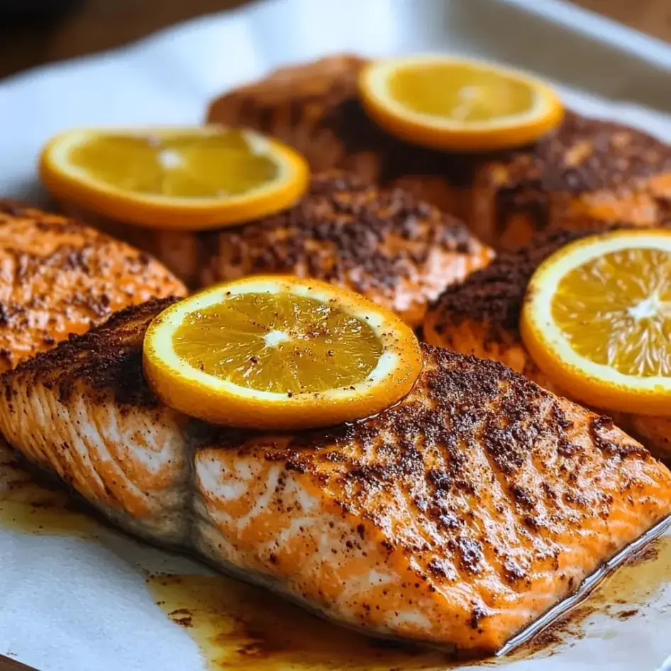 A close-up of seasoned salmon fillets topped with slices of orange on a baking tray.