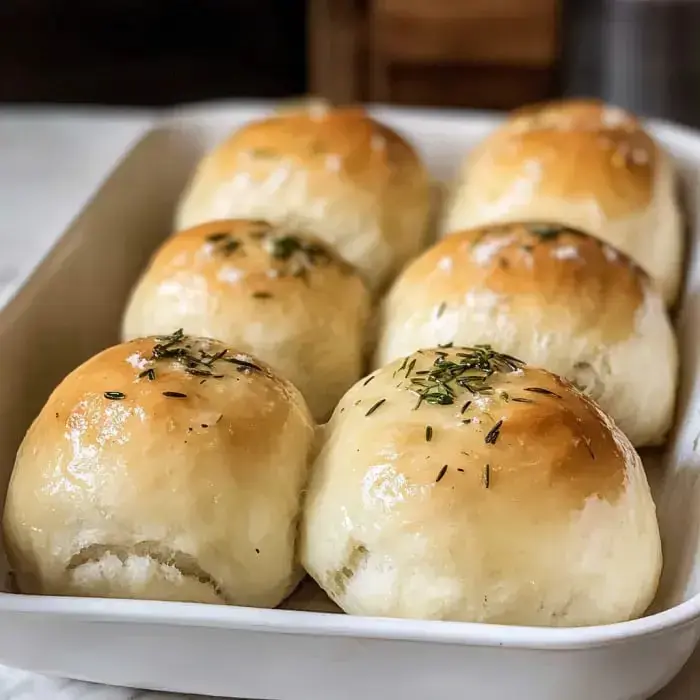 A close-up view of a tray of freshly baked, golden-brown dinner rolls garnished with herbs.