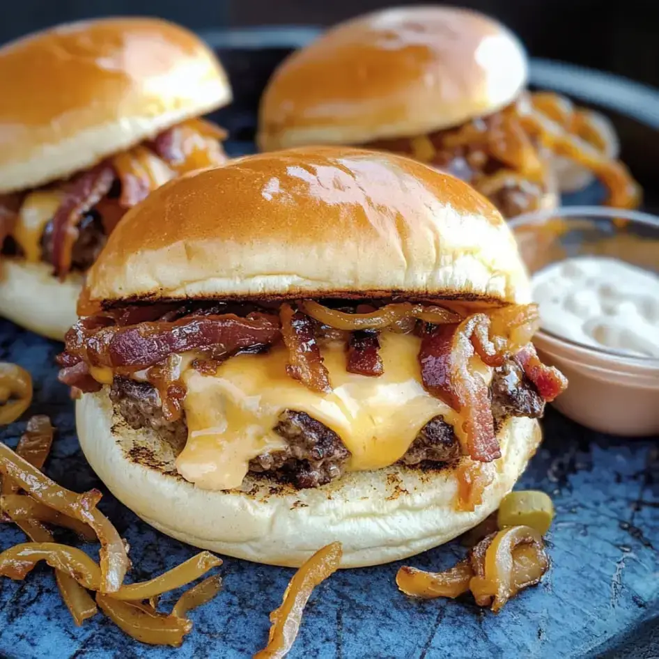 A close-up of a mouthwatering cheeseburger topped with bacon, caramelized onions, and served with a side of dipping sauce.