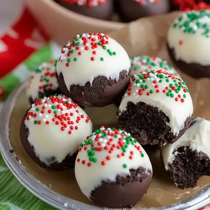 A plate of chocolate-covered cookie balls decorated with white icing and red and green sprinkles.