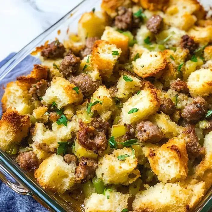 A close-up view of a dish of sausage and bread stuffing garnished with parsley.