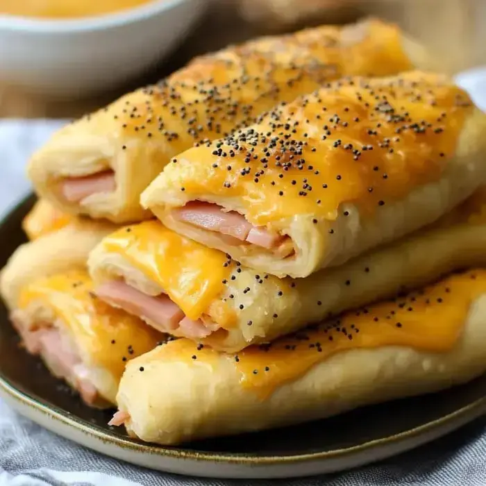 A plate stacked with golden-brown, cheese-topped pastry rolls filled with ham and sprinkled with poppy seeds.