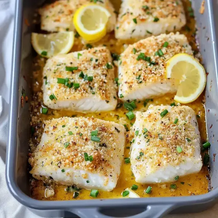 Baked fish fillets topped with breadcrumbs and garnished with lemon slices and green onions in a gray baking dish.