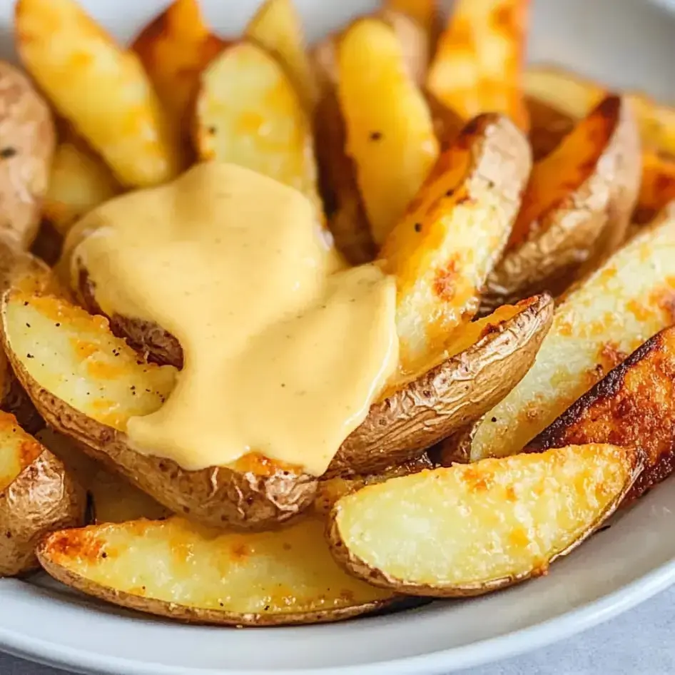 A plate of golden-brown potato wedges topped with a creamy cheese sauce.