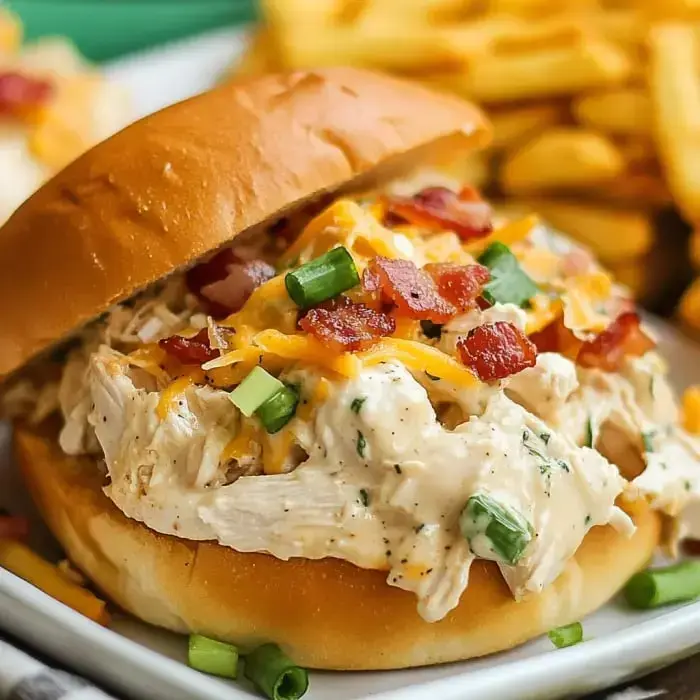 A close-up of a sandwich filled with shredded chicken, topped with cheese, bacon, and green onions, served with a side of French fries.