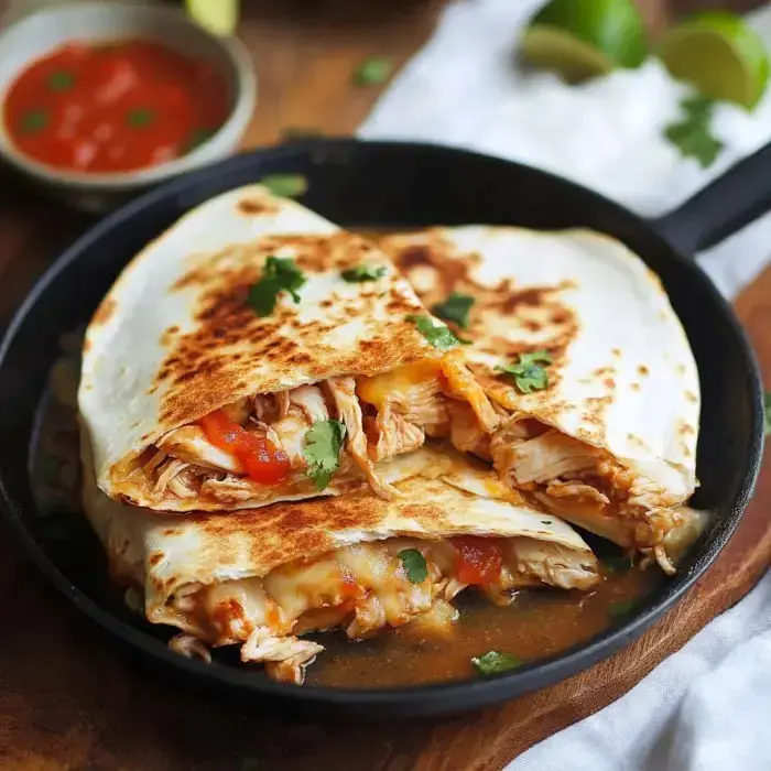 A close-up of three golden-brown quesadillas filled with chicken and garnished with cilantro, served in a skillet alongside a small bowl of salsa.