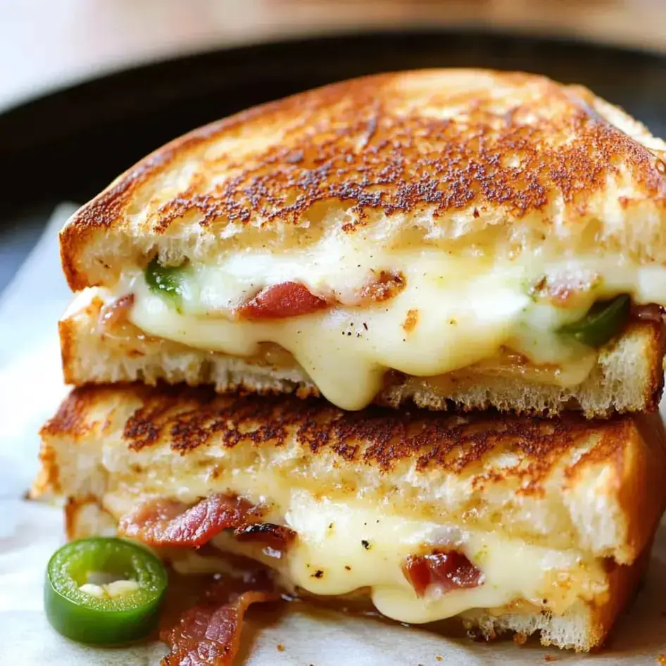 A close-up of a grilled cheese sandwich with melted cheese, bacon, and jalapeños, showcasing a crispy golden-brown exterior.