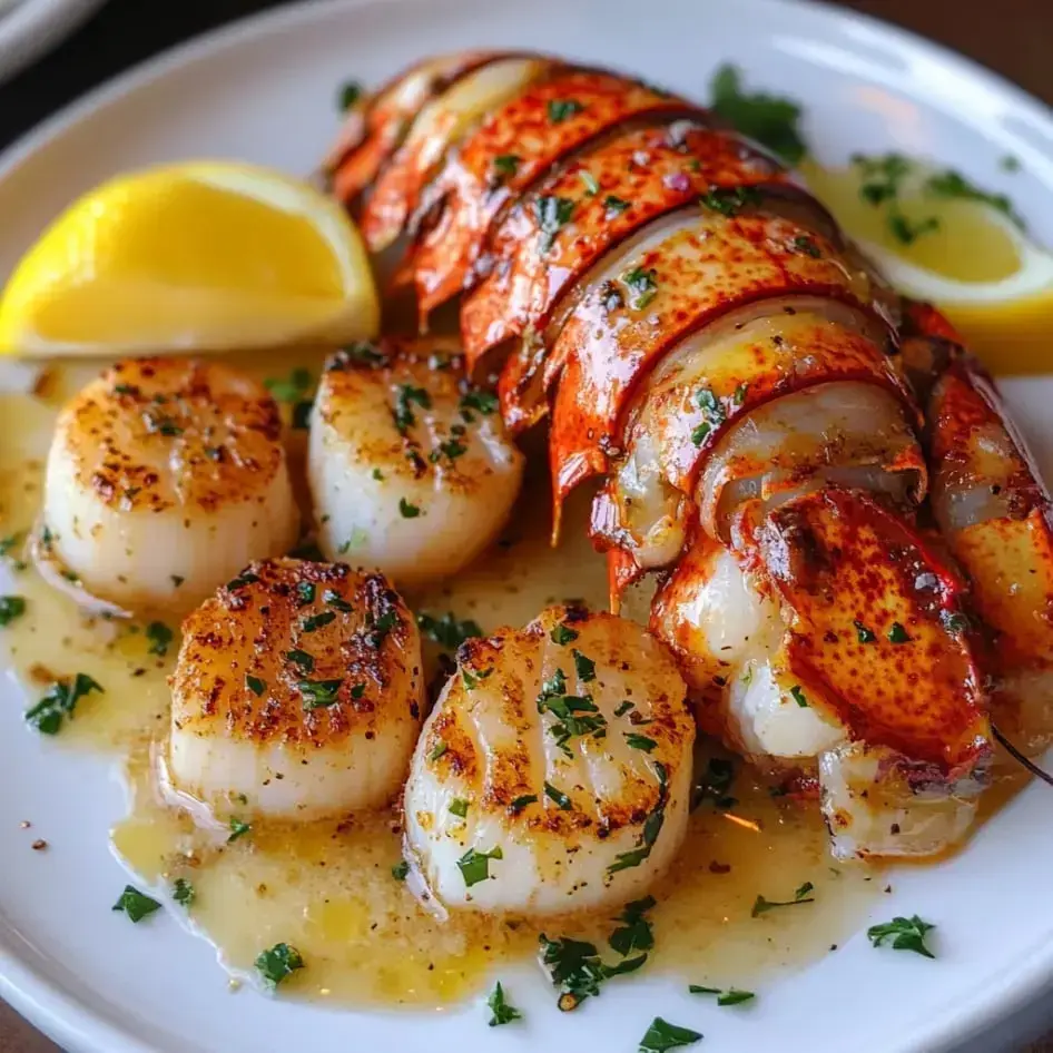 A plate of succulent lobster tail with grilled scallops, garnished with parsley and accompanied by lemon wedges.