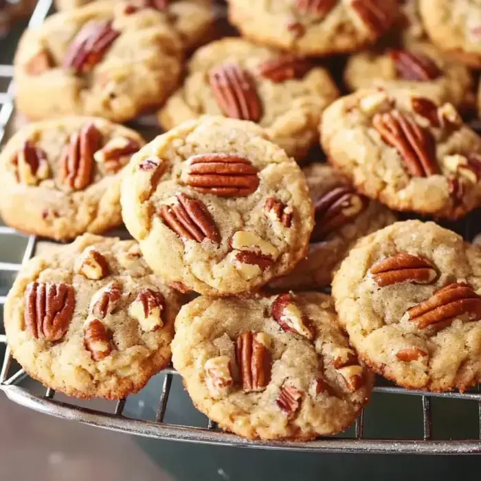 A close-up of freshly baked cookies topped with pecans, arranged on a cooling rack.