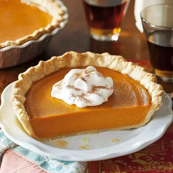 A slice of pumpkin pie topped with whipped cream and cinnamon, served on a white plate with a full pie and drinks in the background.