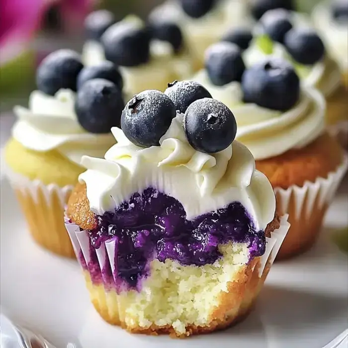 Freshly baked cupcakes with white frosting and blueberries on top, one cupcake cut in half to reveal a purple filling.