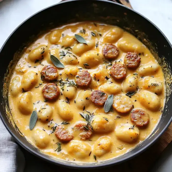 A creamy dish of gnocchi garnished with sliced sausage and fresh herbs in a skillet.