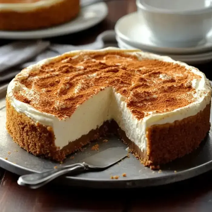 A creamy cheesecake with a graham cracker crust, featuring a slice removed and topped with a sprinkle of cinnamon, sits on a metal platter.