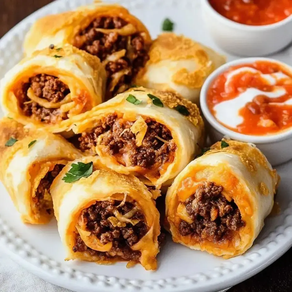 A plate of crispy rolled tortillas filled with ground beef and cheese, served with small bowls of salsa and dipping sauce.